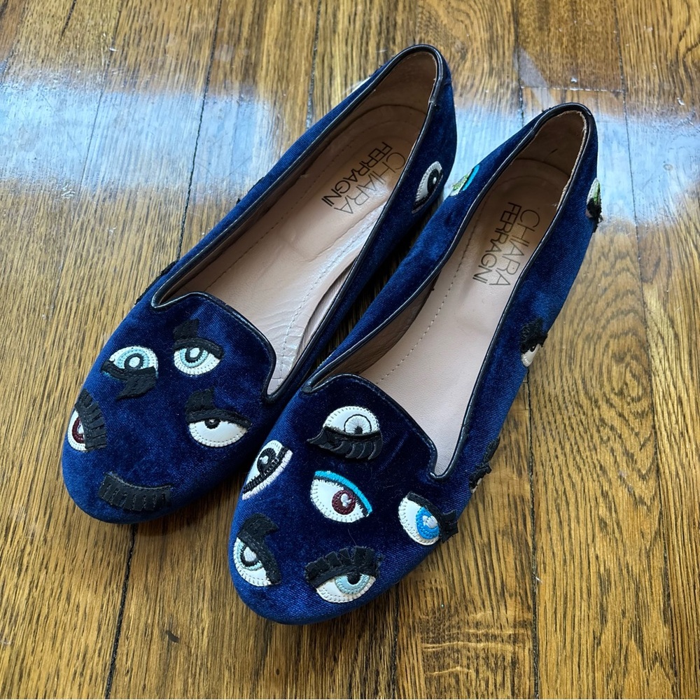 Chiara Ferragni Monster Eye Blue Velvet Flats